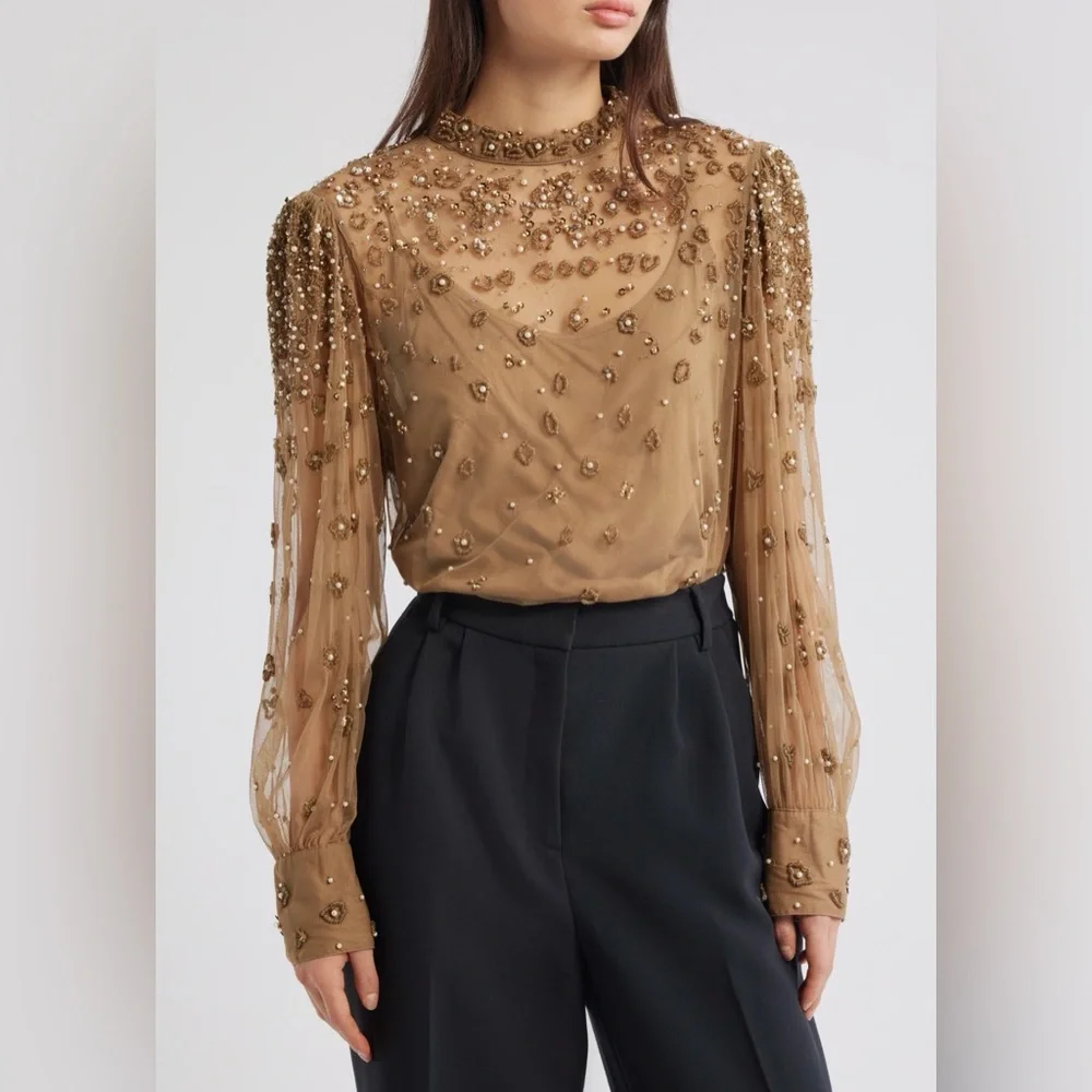 Farm Rio Embroidered Tulle Lined Blouse in Caramel - Picture 1 of 6